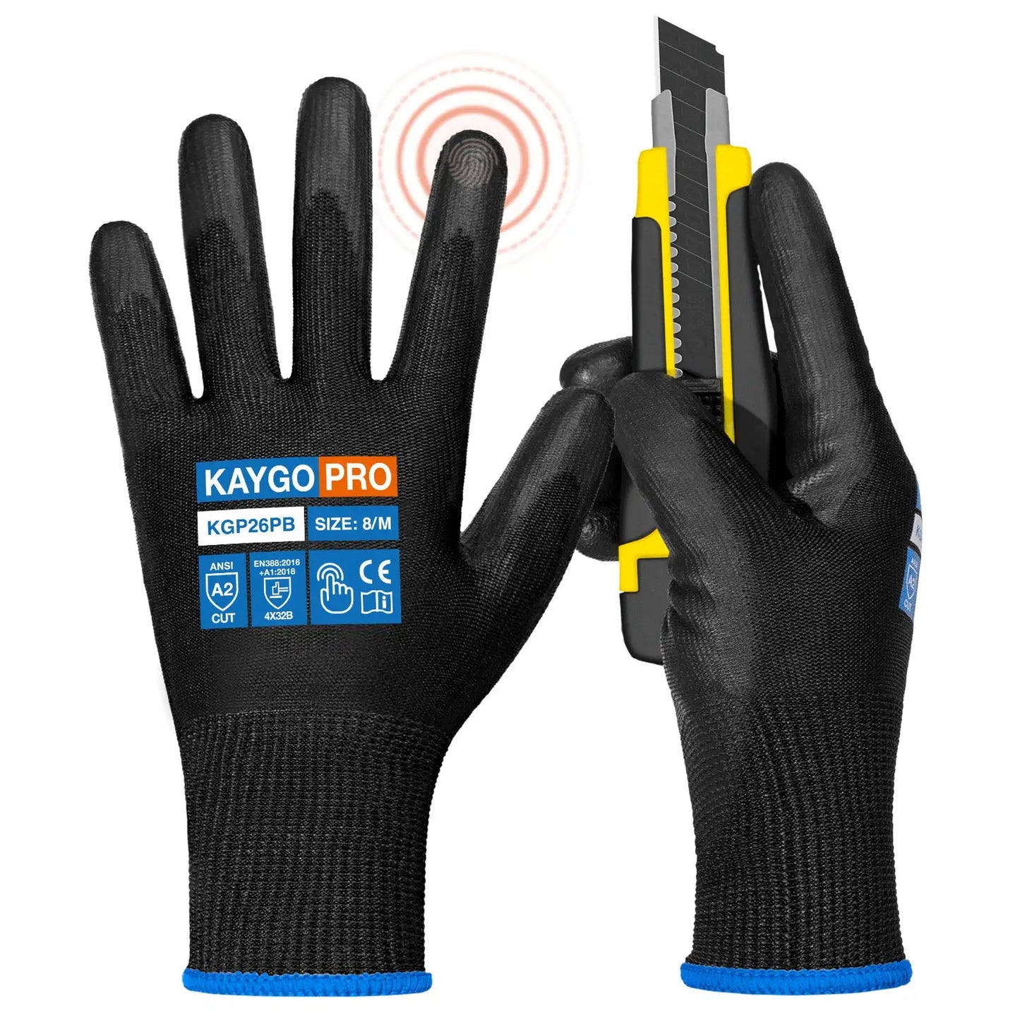 A2 Cut Resistant Gloves with PU Coated Smooth Grip on Palm & Fingers - Touchscreen Compatible