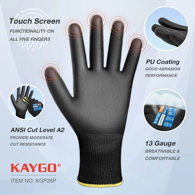 A2 Cut Resistant Gloves with PU Coated Smooth Grip on Palm & Fingers - Touchscreen Compatible