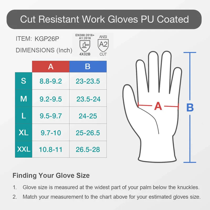 A2 Cut Resistant Gloves with PU Coated Smooth Grip on Palm & Fingers - Touchscreen Compatible